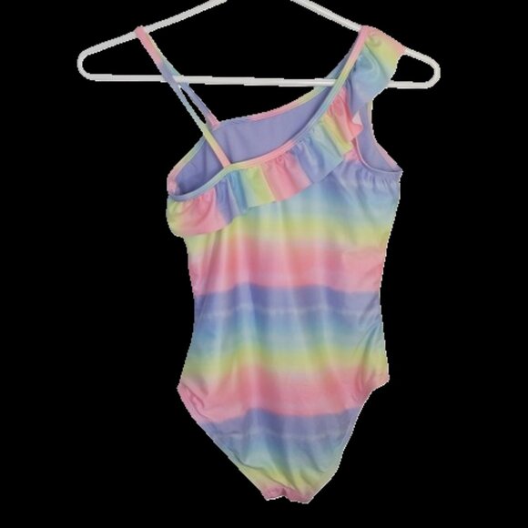 Angel Beach Swimsuit One Piece Ruffled Trim Rainbow Pastel Stripes Size 12 - Picture 3 of 9